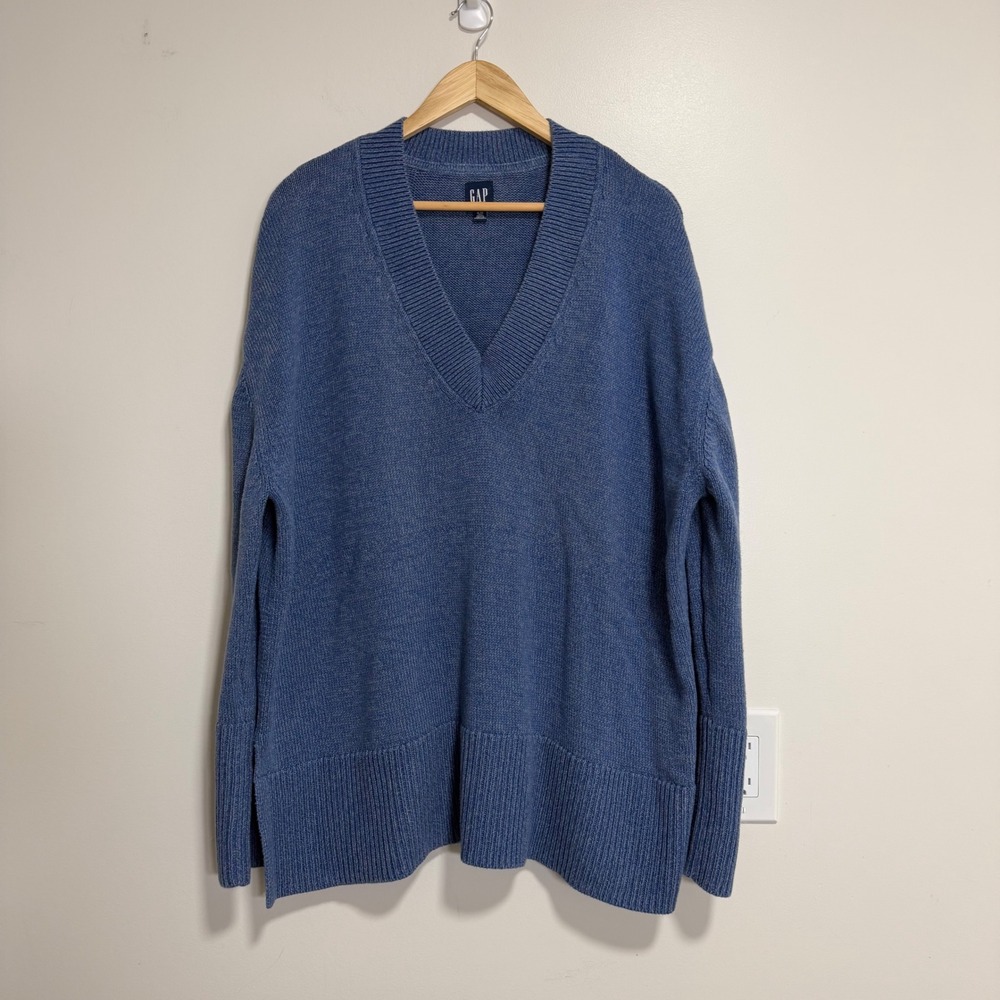 GAP V-Neck Oversized 100% Cotton Sweater Womens XL Tall Blue Knit Pullover